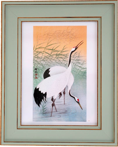 Ohara Koson 11" x 9" Two Cranes - Olive, available in 2 other frame colours.